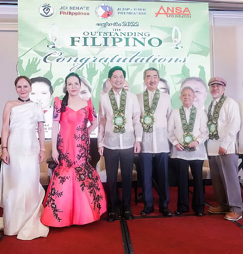 SM Prime Holdings Inc. chairman of the Executive Committee Hans Sy (fourth from left) was named among the The Outstanding Filipino 2022 awardees, alongside (from left) Maria Catalina Estamo Cabral, Persida Rueda-Acosta, Karlo Alexei Nograles, Ruben Villareal and Nemesio Miranda Jr. | Photograph courtesy of SM Prime Holdings