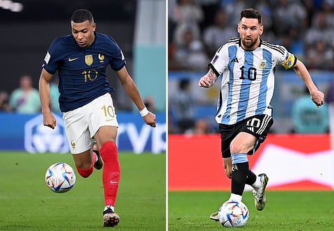 France's forward #10 Kylian Mbappe (left) and Argentina's forward #10 Lionel Messi: Argentina will play France in the Qatar 2022 World Cup football final match in Doha on 18 December 2022. (Photo by FRANCK FIFE and ALFREDO ESTRELLA / AFP)