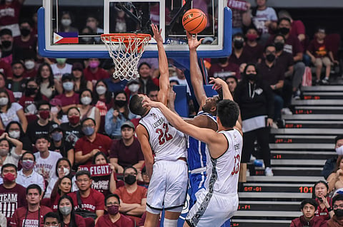 Zavier Lucero (No. 22) serves as a defensive linchpin for the UP Fighting Maroons when they pulled off a 72-66 victory over the Ateneo Blue Eagles in Game 1 of their Season 85 UAAP men’s basketball tournament best-of-three finals series. Photo courtesy of UAAP