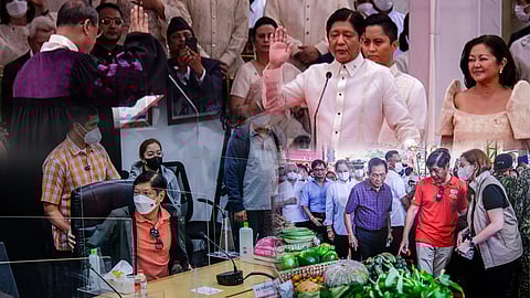 President Ferdinand ‘Bongbong’ Marcos (top photo) takes his oath of office as the 17th president of the Philippines. He is the first majority leader in recent memory. He quickly addressed high prices as concurrent agriculture secretary through the opening of 28 Kadiwa stores (lower right photo) as part of his administration’s efforts to provide farmers and fisherfolk additional profits, and local consumers quality yet cheap basic commodities. The President (lower left photo) attends a National Disaster Risk Reduction and Management Council meeting after the destruction caused by typhoon ‘Karding.’ | PHOTOGRAPHS BY YUMMIE DINGDING FOR THE DAILY TRIBUNE @tribunephl_yumi