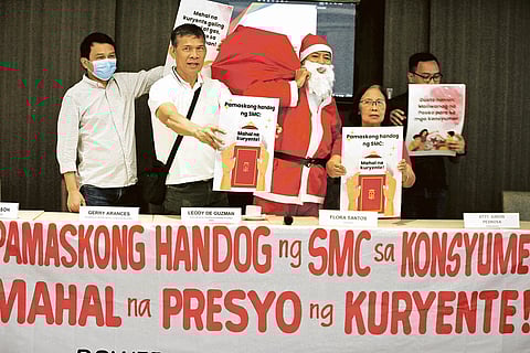 Power for People Coalition made up of consumers, workers and multi-sectoral groups led by Leody de Guzman, Gerry Arances. Flora Santos and Atty. Aaron Florosa, slammed San Miguel Corporation’s bid to force high electricity rates onto consumers. They submitted a letter to President Ferdinand Marcos Jr. urging him to exercise his power to prevent an impending rate increase. | PHOTOGRAPH BY ANALY LABOR FOR THE DAILY TRIBUNE @tribunephl_ana