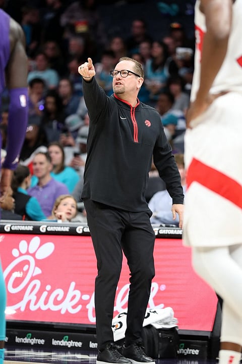 Nick Nurse of the Toronto Raptors during the game against the Charlotte Hornets on 2 April 2023 at Spectrum Center in Charlotte, North Carolina.