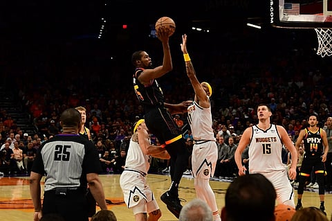 Kevin Durant #35 of the Phoenix Suns shoots the ball during the game against the Denver Nuggets during the Western Conference Semi Finals of the 2023 NBA Playoffs on May 7, 2022 at Footprint Center in Phoenix, Arizona. Photo by Kate Frese / NBAE / Getty Images / Getty Images via AFP