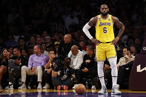 LeBron James #6 of the Los Angeles Lakers reacts to a foul during the first quarter against the Denver Nuggets in game four of the Western Conference Finals at Crypto.com Arena on May 22, 2023 in Los Angeles, California. Photo by Harry How / GETTY IMAGES NORTH AMERICA / Getty Images via AFP
