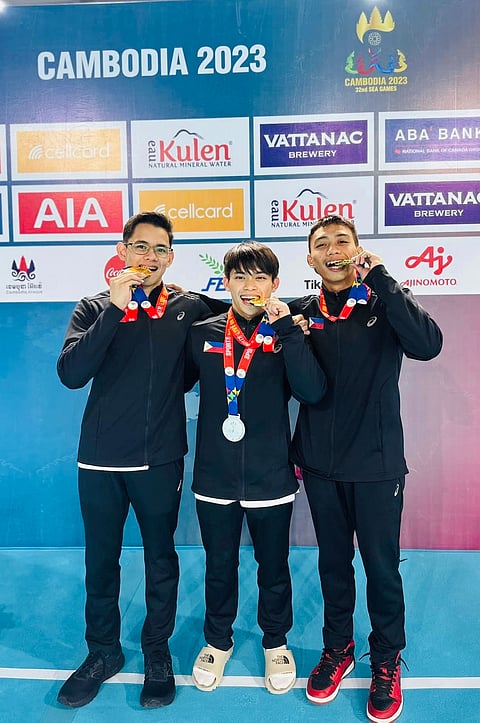 Carlos Yulo (middle) John Ivan Cruz (right) and Juancho Miguel Besana are the new toasts of Southeast Asian gymnastics. Photo courtesy of Cecilio Cabuenas / Facebook