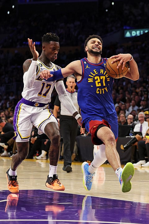 Harry How/Agence France-Presse | Jamal Murray erupts for 37 points to power the Denver Nuggets to a 119-108 win over the Los Angeles Lakers in Game 3 of their NBA Western Conference finals series.