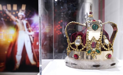 The signature crown of British singer-songwriter Freddie Mercury is displayed during the media preview for "Freddie Mercury: A World of His Own: The Evening Sale" at Sothebys in New York City on 1 June 2023. More than 1,500 items from Mercury's private collection, including costumes and unique objects as well as the draft lyrics, will feature in the eventual auctions.