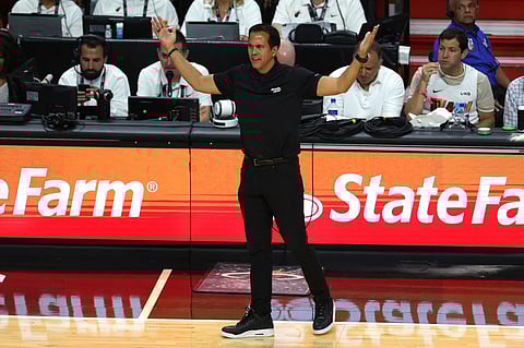 Head coach Erik Spoelstra of the Miami Heat reacts during the first half against the Denver Nuggets in Game Three of the 2023 NBA Finals at Kaseya Center in Miami, Florida. (Photo by AFP)