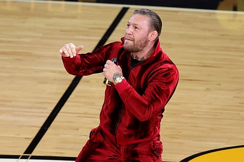 Conor McGregor is seen on the court during a timeout in Game Four of the 2023 NBA Finals between the Denver Nuggets and the Miami Heat at Kaseya Center on June 09, 2023 in Miami, Florida. Photo by Megan Briggs / GETTY IMAGES NORTH AMERICA / Getty Images via AFP