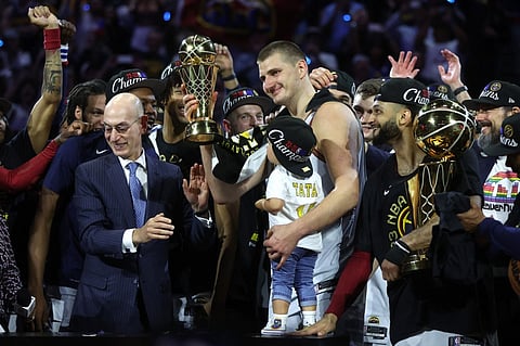 Nikola Jokic #15 of the Denver Nuggets is presented the Bill Russell NBA Finals Most Valuable Player Award after a 94-89 victory against the Miami Heat in Game Five of the 2023 NBA Finals to win the NBA Championship at Ball Arena on June 12, 2023 in Denver, Colorado. Photo by MATTHEW STOCKMAN / GETTY IMAGES NORTH AMERICA / Getty Images via AFP