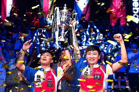 Johann Chua and James Aranas celebrate after ruling the men’s doubles event of the World Cup of Pool in Spain. Photo courtesy of Matchroom