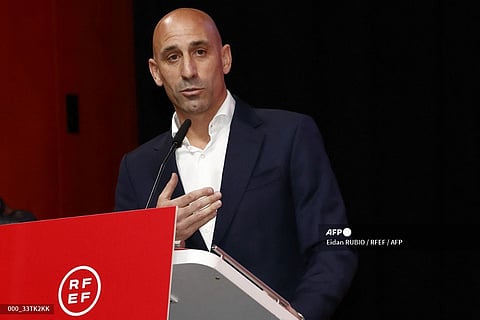 In this handout image released by the Spanish Royal Football Federation (RFEF) on August 25, 2023, RFEF President Luis Rubiales delivers a speech during an extraordinary general assembly of the federation on August 25, 2023 in Las Rozas de Madrid. Spanish football chief Luis Rubiales refused to resign today after a week of heavy criticism for his for his unsolicited kiss on the lips of female player Jenni Hermoso following Spain's Women's World Cup triumph. Photo by Eidan RUBIO / RFEF / AFP