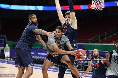 Tyrese Hailburton of the USA Men's Senior National Team passes during practice on August 23, 2023 at the Mall of Asia Arena in Manila, Philippines. Photo by Stephen Gosling / NBAE / Getty Images / Getty Images via AFP
