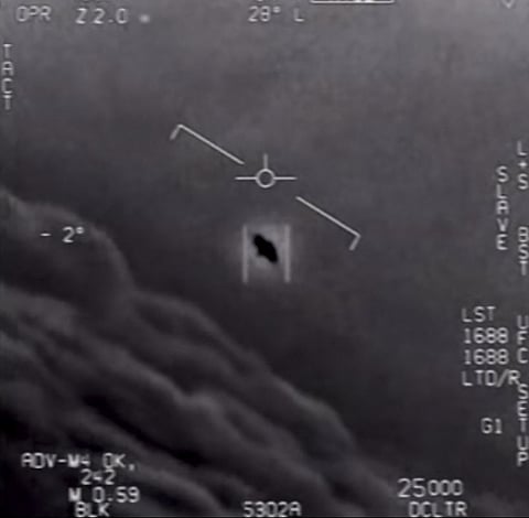 This video grab image obtained 28 April 2020 courtesy of the US Department of Defense shows part of an unclassified video taken by Navy pilots that have circulated for years showing interactions with "unidentified aerial phenomena". The Pentagon has officially released three videos taken by US Navy pilots showing mid-air encounters with what appear to be UFOs. The grainy black and white footage had previously been leaked and the Navy had acknowledged they were Navy videos.The Department of Defense said April 27, 2020 it was "releasing the videos in order to clear up any misconceptions by the public on whether or not the footage that has been circulating was real, or whether or not there is more to the videos." (Photo by Handout / DoD / AFP)
