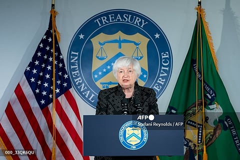 FILE PHOTO: US Treasury Secretary Janet Yellen delivers remarks in McLean, Virginia, on 2 August 2023. (Photo by Stefani Reynolds / AFP)