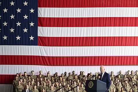 US President Joe Biden delivers remarks to service members, first responders, and their families on the 22nd anniversary of the 11 September 2001, terrorist attacks, at Joint Base Elmendorf-Richardson in Anchorage, Alaska, on 11 September 2023. (Photo by SAUL LOEB / AFP)