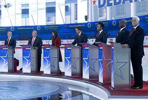 PEDRO UGARTE/AGENCE FRANCE-PRESSE
REPUBLICAN presidential primary candidates (from left) Doug Burgum, Chris Christie, Nikki Haley, Ron DeSantis, Vivek Ramaswamy, Tim Scott and Mike Pence attend their second debate at the Ronald Reagan Presidential Library in Simi Valley, California.