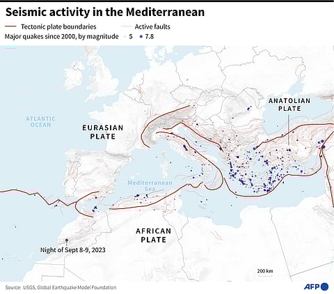 Map of the Mediterranean coastline showing tectonic plate boundaries, active faults and epicentres of major earthquakes since 2000