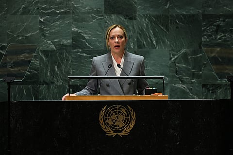 Italian Prime Minister Giorgia Meloni speaks during the United Nations General Assembly at the United Nations headquarters on 20 September 2023 in New York City. (Photo by Michael M. Santiago / GETTY IMAGES NORTH AMERICA / Getty Images via AFP)