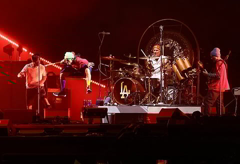 (L-R) Flea, Anthony Kiedis, Chad Smith, and John Frusciante of Red Hot Chili Peppers perform onstage during the 2023 Global Citizen Concert at Central Park, Great Lawn on 23 September 2023 in New York City. (Photo by Arturo Holmes / GETTY IMAGES NORTH AMERICA / Getty Images via AFP)