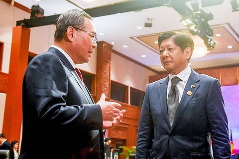 President Ferdinand R. Marcos Jr. and Chinese Premier Li Qiang briefly confer after the former delivered his intervention during the ASEAN-China Summit in Jakarta, Indonesia on Wednesday, 6 September 2023. Photo from the PCO/Facebook.