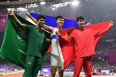 EJ Obiena delivers the Philippines' first gold medal in the 19th Asian Games after a record-breaking feat in men's pole vault. (Photograph courtesy of Luis Veniegra)
