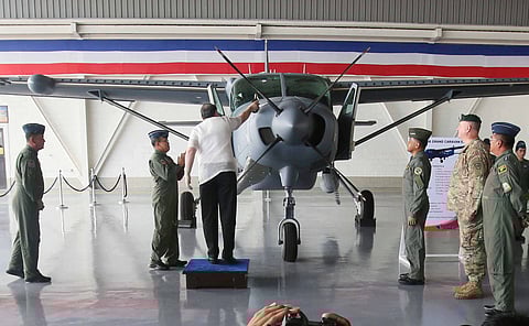 New wings As part of government’s airforce modernization, Defense Secretary Gilberto Teodoro Jr. blesses the newly delivered Cessna-208B Grand Caravan EX intelligence, surveillance and reconnaissance aircraft at the Clark Air Base in Mabalacat, Pampanga on Tuesday, 19 September. | Photograph by Analy Labor for the Daily Tribune @tribunephl_ana