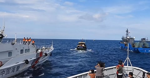Dangerous maneuvers by China Coast Guards and Chinese Maritime Militia. Screencap from footage courtesy of the Philippine Coast Guard/ @jaytaryela/X