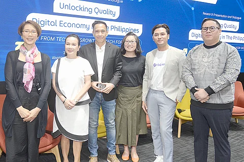Dr. Ming Tan, founding executive director, Tech For Good Institute; Senator Grace Poe; John Rubio, country director, Meta Philippines; Grace Vera Cruz, country head, Grab Philippines; Winsley Bangit, VP of New Business, Mynt, and Prim Paypon, executive director, AIM-Dado Banato Incubator, attended the ‘From Tech for Growth to Tech for Good: Unlocking Quality Digital Economy Growth in the Philippines’ forum at the Asian Institute of Management in Makati City on Friday. | PHOTOGRAPH COURTESY OF Grab Philippines
