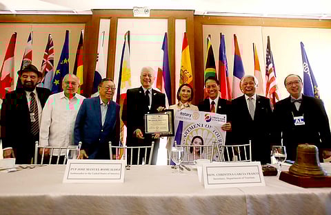 DEPARTMENT of Tourism Secretary Christina Garcia Frasco (fourth from right), who was guest speaker of the Rotary Club of Manila last Thursday, 31 August, receives a plaque of appreciation and a memento from two former Tourism secretaries, Rotary Club of Manila president Rafael Alunan III (to her left), and Roberto Pagdanganan (to her right). Also in the photo are (from left) RC Manila District Governor-Elect Joaquin Rodriguez, Philippine Ambassador to the United States of America and RC Manila past vice president Jose Manuel Romualdez, RC Manila past district governor Vicente Carlos, RC Manila past district governor Beda Fajardo, and Star Rotarian J. Alfonso L. Katigbak. | Photographs by Analy Labor for the daily tribune @tribunephl_ana
