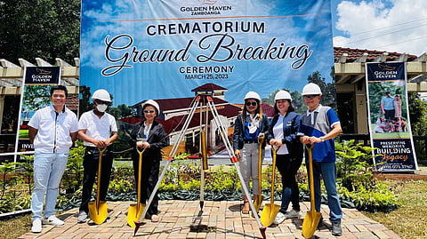 From left to right: Engr. Geo Caijo, Golden Haven production and planning head; Sidney Bael, Bael Agency business director; Florencia Ancheta, Ancheta Agency business director; Jean Torres, Torres Agency business director; Lizette Pumicpic, Golden Haven West Mindanao cluster head; and Vidal Inclan, crematorium contractor at the groundbreaking ceremony. | photograph courtesy of Golden Haven