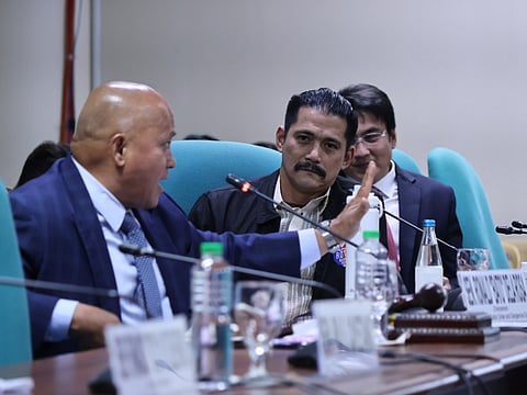 Senators Bato dela Rosa, Robinhood Padilla, and Bong Revilla at the Senate Committee on Public Order and Dangerous Drugs hearing on the road rage incident in Quezon City.