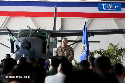 US Military Assistance Group chief Col. Edward Evans speaks during the turnover and blessing of the newly delivered Cessna-208B Grand Caravan EX Intelligence, Surveillance, and Reconnaissance Aircraft on Tuesday 19 September 2023 at Clark Airbase in Mabalacat, Pampanga. Photo/Analy Labor.