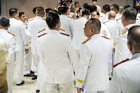 President Ferdinand Romualdez Marcos Jr. administers the oath-taking of the 55 newly promoted star-rank generals of the Philippine National Police (PNP) in a ceremony at the Heroes Hall of Malacañan Palace on Wednesday, 27 September 2023. Photo by Yummie Dingding.