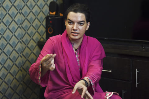 In this picture taken on 20 Sepember 2023, influencer and doctor Mehrub Moiz Awan speaks during an interview with AFP in Karachi. (Photo by Asif HASSAN / AFP)