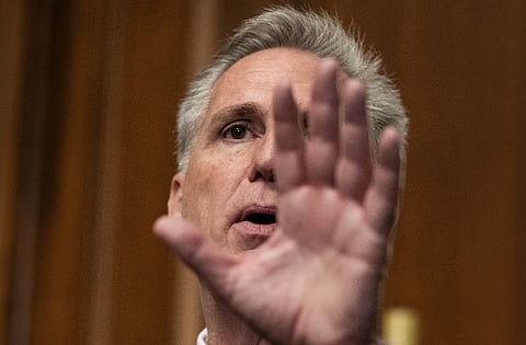 US Speaker of the House Kevin McCarthy, Republican of California, speaks to the press on Capitol Hill in Washington, DC, on 30 September 2023. (Photo by ANDREW CABALLERO-REYNOLDS / AFP)