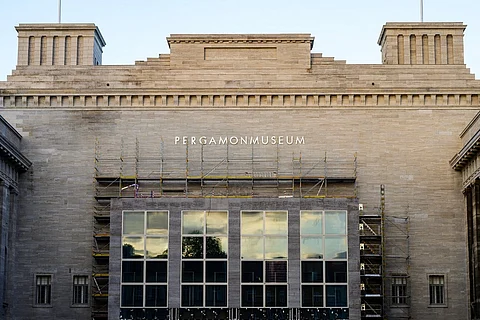 A general view shows the main entrance to The Pergamon Museum in Berlin on 5 October 2023, as renovation work progresses. (Photo by John MACDOUGALL / AFP)
