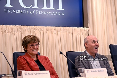 Katalin Karikó and Drew Weissman speak during a press conference after being awarded the Nobel Prize in Medicine at The University of Pennsylvania on October 2, 2023 in Philadelphia, Pennsylvania. Their research discoveries in nucleoside base modifications enabled the development of effective mRNA vaccines against COVID-19. Photo by Mark Makela / GETTY IMAGES NORTH AMERICA / Getty Images via AFP