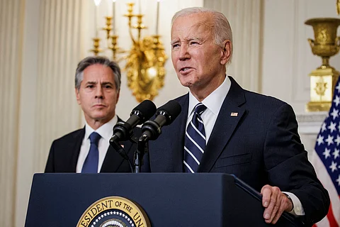 FILE PHOTO: US President Joe Biden, alongside Secretary of State Antony Blinken, from the State Dining Room at the White House on 7 October 2023 in Washington, DC. (Photo by Samuel Corum / GETTY IMAGES NORTH AMERICA / Getty Images via AFP)