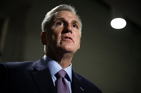 Speaker of the House Kevin McCarthy talks to reporters following a House Republican conference meeting in the U.S. Capitol on 3 October 2023 in Washington, DC. (Photo by CHIP SOMODEVILLA / GETTY IMAGES NORTH AMERICA / Getty Images via AFP)