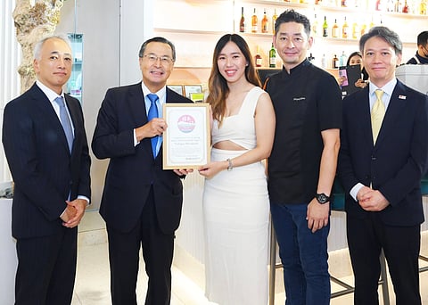 (FROM left) Kazuo Nakamura, executive director of JETRO; Ishiguro Norihiko, chairman and CEO of the Japan External Trade Organization; Alyanna Uy, owner of Prologue and COO of Dough & Grocer; executive chef Hiroyuki Meno of Prologue; and Makoto Watanabe, executive director of the Japan National Tourism Organization Manila Office.