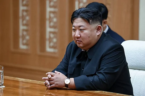 This handout picture released by the Russian Foreign Ministry on 19 October 2023 shows North Korean leader Kim Jong Un attending a meeting with Russian Foreign Minister in Pyongyang. (Photo by Handout / RUSSIAN FOREIGN MINISTRY / AFP)