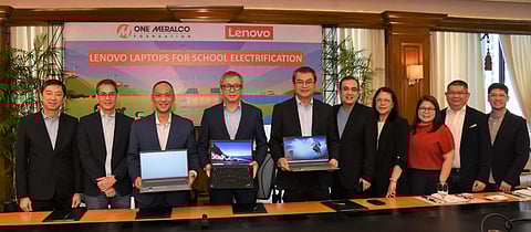 Meralco chief revenue officer and OMF trustee Ferdinand O. Geluz, Meralco FVP and head of Information, Communication, Technology and Transformation Rocky D. Bacani, Meralco chief CSR officer and OMF president Jeffrey O. Tarayao, Lenovo Philippines president and general manager Michael Ngan, Meralco EVP and chief operating officer Ronnie L. Aperocho, Meralco VP and head of Corporate Communications Joe R. Zaldarriaga, Lenovo Philippines marketing manager Anna Maria Abola, One Lenovo client manager Janine Laygo-Librea, Lenovo Philippines Enterprise Segment lead Raymond Remoquillo and Lenovo Philippines Small Medium Business Segment lead Clark L. Popple (PHOTO COURTESY OF MERALCO)