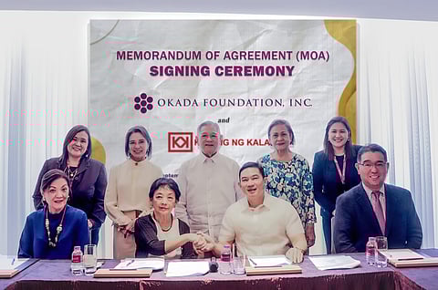 (Standing) Anggie Mendoza, administrative manager, Legal and Compliance Division, Okada; Kabisig ng Kalahi trustees Sophie Tan, Carmelino Alvendia Jr. and Cora Tan; and Nerie Aquino, director, Gaming Compliance, Legal and Compliance Division, Okada. (Seated) Rose Marie Chua, KnK trustee; Victoria Wieneke, KnK president; James G. Lorenzana, Okada Foundation Inc. president; and OFI trustee Kenji Sugiyama. | PHOTOGRAPH COURTESY OF OKADA
