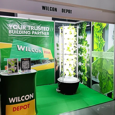 THE AEROPONIC Tower Garden displayed at the Wilcon Depot booth during the National Convention and Housing Expo 2023 hosted by the Chamber of Real Estate and Builders’ Associations. | PHOTOGRAPH COURTESY OF WILCON