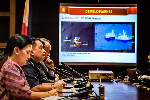 PHILIPPINE Coast Guard Vice Admiral Ronnie Gil Gavan (center) says the collisions between Chinese and Philippine vessels in the West Philippine Sea are being investigated by the PCG as ordered by President Ferdinand Marcos Jr. Gavan gave a briefing on the incident Monday at the Presidential Guest House. | PHOTOGRAPH BY YUMMIE DINGDING FOR THE DAILY TRIBUNE @tribunephl_yumi