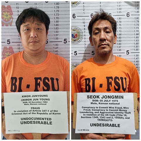 Two South Korean fugitives wanted for telecommunications and wire fraud were arrested in Angeles City, Pampanga, on Saturday, 21 October. Photos courtesy of Bureau of Immigration-Fugitive Search Unit.