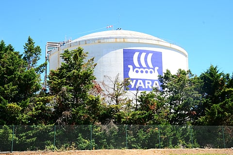 This photograph taken on August 6, 2020, shows a general view of a factory of Norwegian chemical company Yara International ASA, at Ambes, near Bordeaux, south-western France. Photo by MEHDI FEDOUACH / AFP