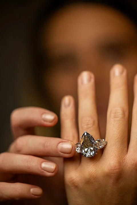 This photograph taken on 2 November 2023 in Geneva, shows "Bleu Royal", a rare 17,61 carats internally flawless fancy vivid blue pear shaped diamond. The "Bleu Royal" diamond is expected to fetch between 35 to 50 million USD at Christie's auction house "Magnificent Jewels" sale scheduled in Geneva for 7 November 2023. (Photo by PIERRE ALBOUY / AFP)