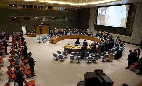 The UN Security Council holds a moment of silence before meeting on the conflict between Israel and Hamas, on 10 November 2023, at UN Headquarters in New York City. (Photo by TIMOTHY A. CLARY / AFP)